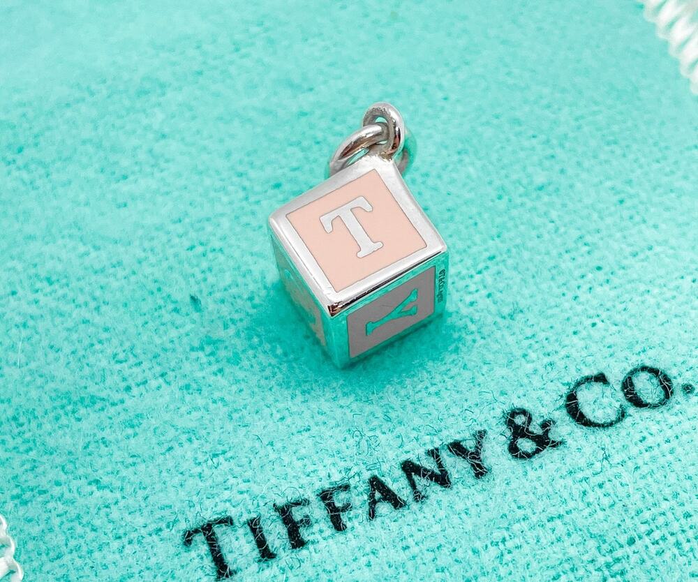 Tiffany & Co Pink Enamel Cube Dice Charm Pendant Sterling Silver w/ Pouch